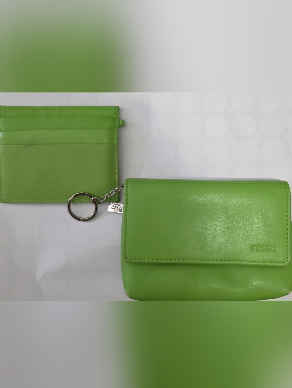 FOSSIL- Bright Green Leather Keyring Wallet and Card Case Set. Genuine Leather